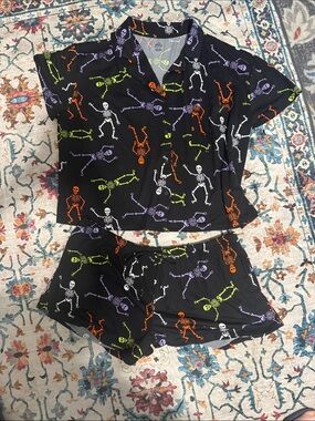Black Halloween Skeleton Pajama Set - Colorful Skeleton Print
